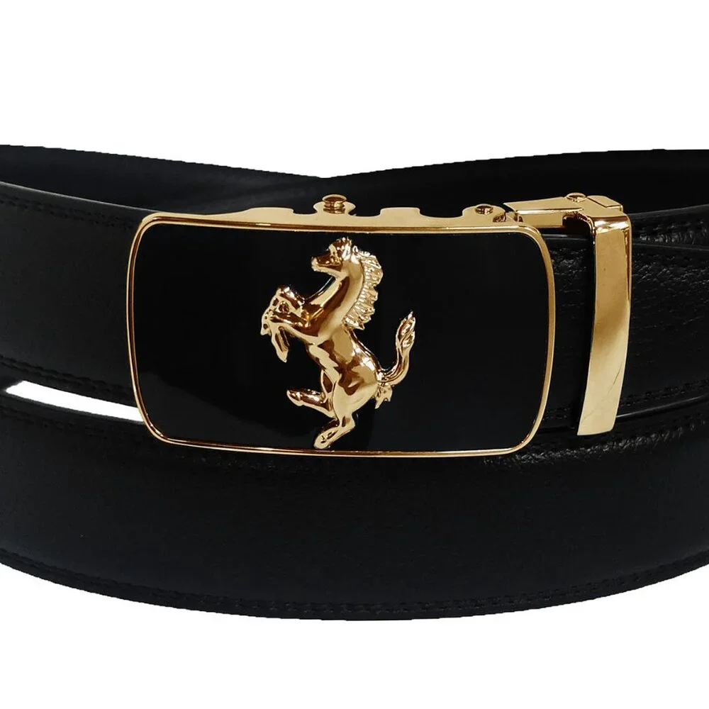 Black Leather Belt Automatic Buckle Slide NoHole Strep Ratchet Gold Horse Buckle